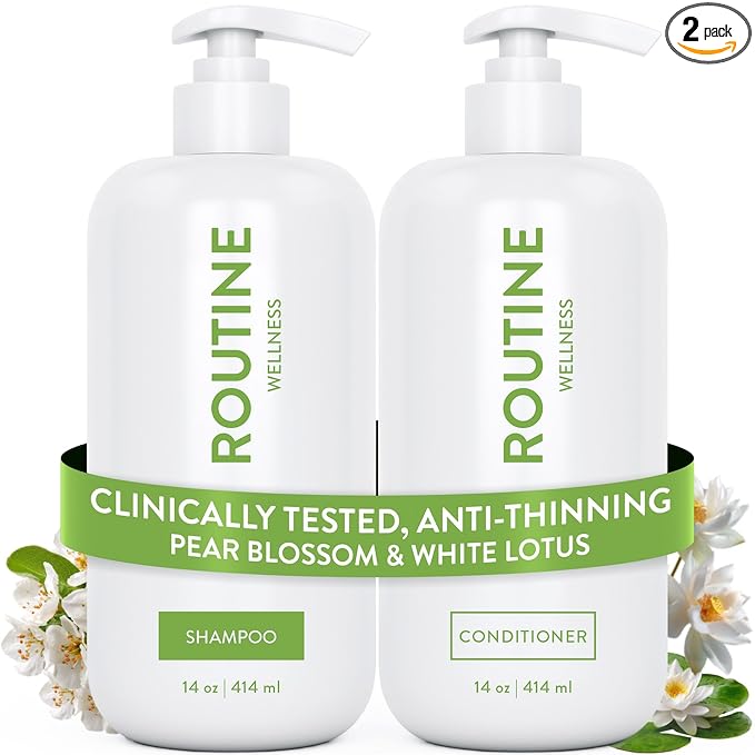 Routine Wellness Anti-Thinning Shampoo and Conditioner Set for Thinning Hair - Biotin DHT Blocker Women & Men - Color Safe Shampoo for Hair Loss & Healthier Hair - Pear Blossom & White Lotus Set