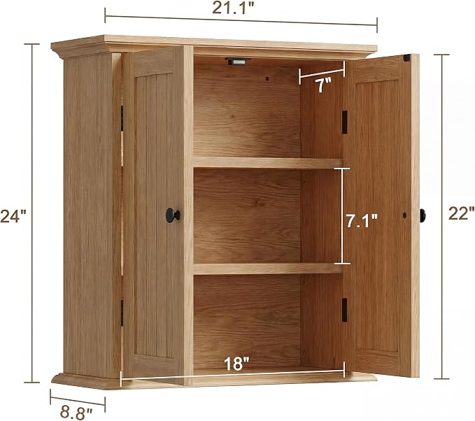 ChooChoo Bathroom Wall Cabinet, Over The Toilet Space Saver Storage Cabinet, Medicine Cabinet with 2 Door and Adjustable Shelves, Cupboard, Natural