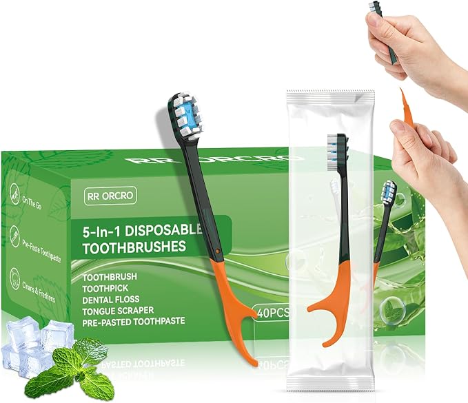 40Pack Disposable Toothbrushes with Toothpaste Pick Floss & Tongue Scraper | 5-in-1 Mini Prepasted Travel Toothbrush for Hotel Camping Flight Car Single Use Portable Individually Wrapped | Mint