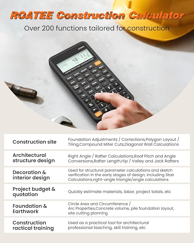 Construction Calculator Industrial & Scientific ROATEE Engineering Calculator for Contractor, Concrete Pocket Feet-inch-Fraction Calculators Carpenter, Estimator, Builder, Framer, Remodeler, Renovator