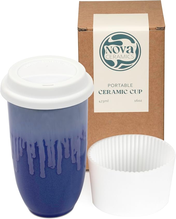 NOVA CERAMICS Ceramic Tumbler– Blue Ceramic Mug – Microwave & Dishwasher Safe Coffee White & Orange Tumbler - Leak-Proof Coffee Travel Mug – 16oz – Neptune