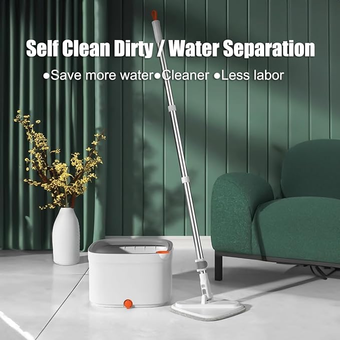 Spin Mop and Bucket with M16 Self Separation Dirty and Clean Water System with 2Pads, Self Wringing 360° Rotating Clean Mop-Head and Bucket Set for Hardwood Tile Marble Floors Mop-Grey