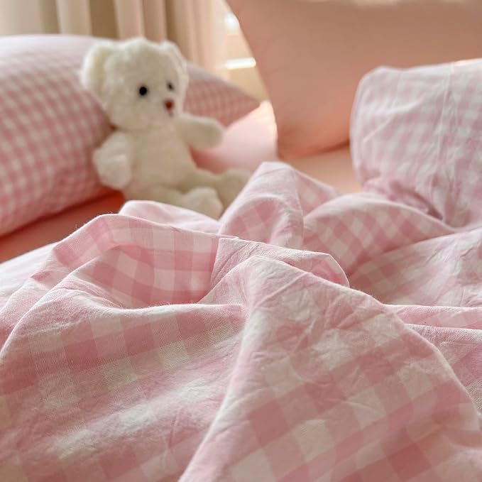 mixinni Light Pink Gingham Duvet Cover Set Full Size - 100% Washed Cotton 3 Piece Plaid Checkered Bedding Set, Soft Comfy Grid Farmhouse Comforter Cover with Zipper Closure & Corner Ties