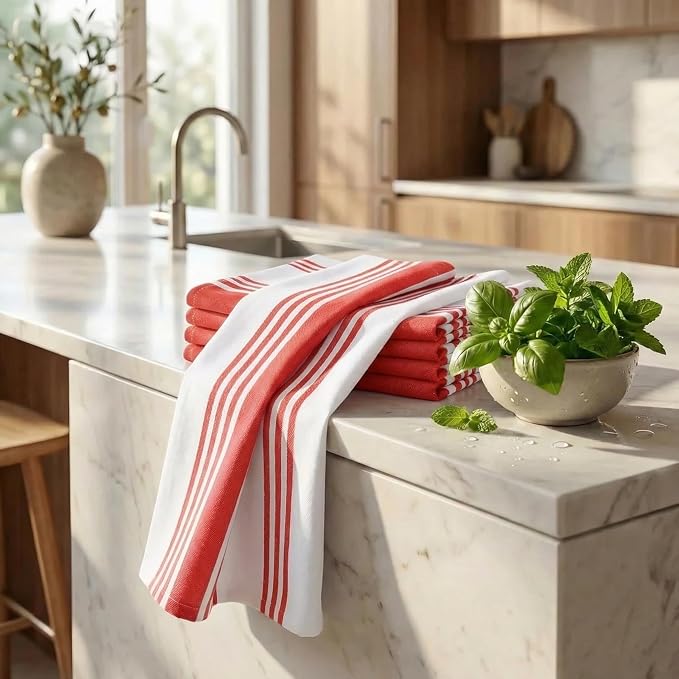 Urban Villa Kitchen Towels 100% Cotton Dish Towels for Kitchen (Set of 6) 20”x30” Dish Cloths Highly Absorbent Kitchen Linen Set with Hanging Loop Perfect for Drying Dishes Cleaning Towels-Red White
