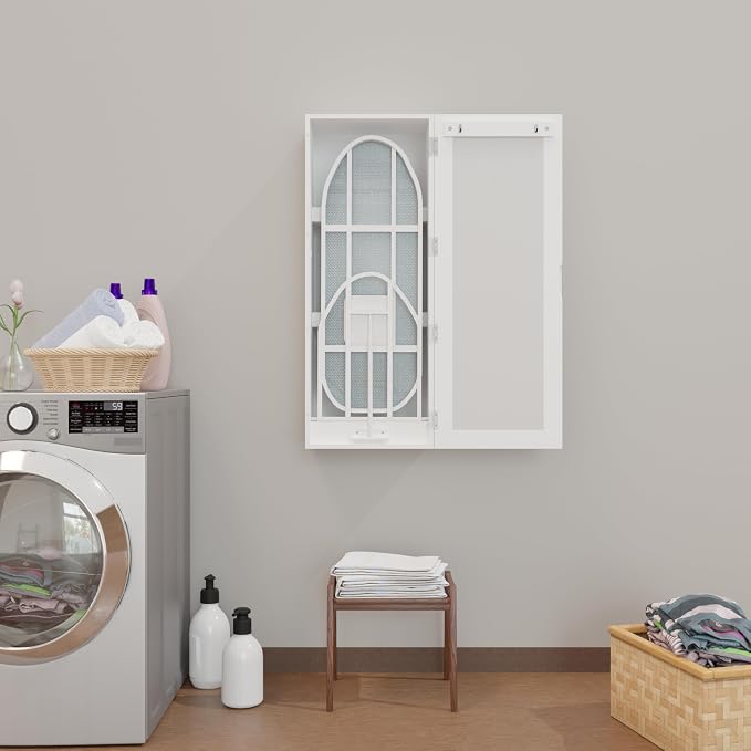180° Swivel Wall Mount Ironing Board Cabinet with Storage,White | Mirrored Door|3-Tier Storage Shelves|15 Minutes to Installs|2 Clothes Hooks|Space-Saving