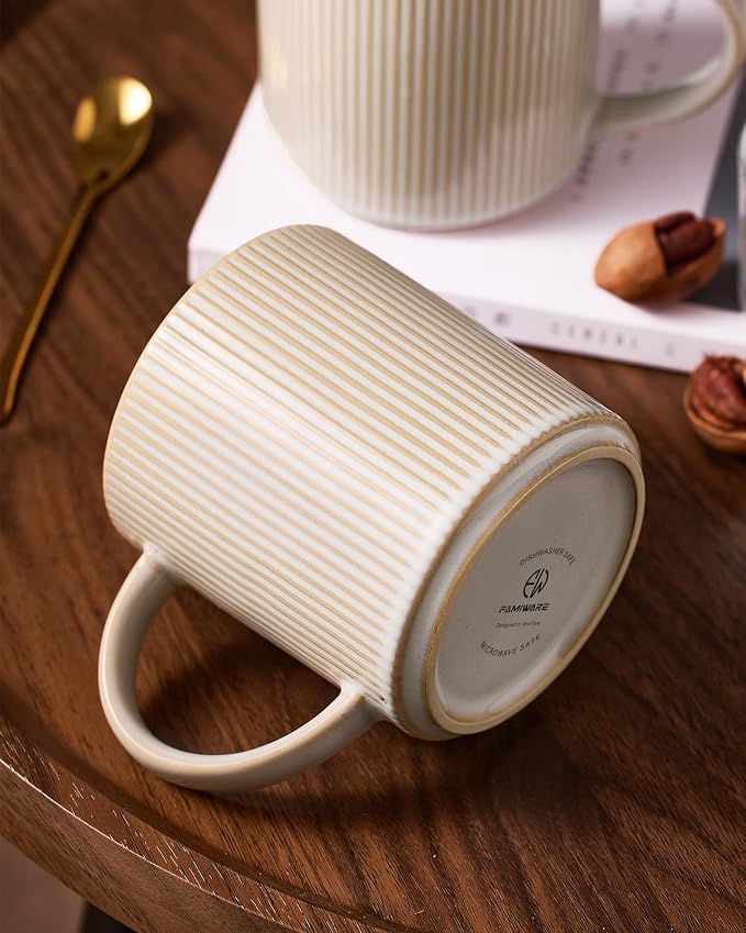 famiware Coffee Mug Set for 8, Star 16 oz Catering Mugs Cup Set with Handle for Coffee, Tea, Cocoa, Milk - Ceramic Stoneware Drinkware Set, Cappuccino White