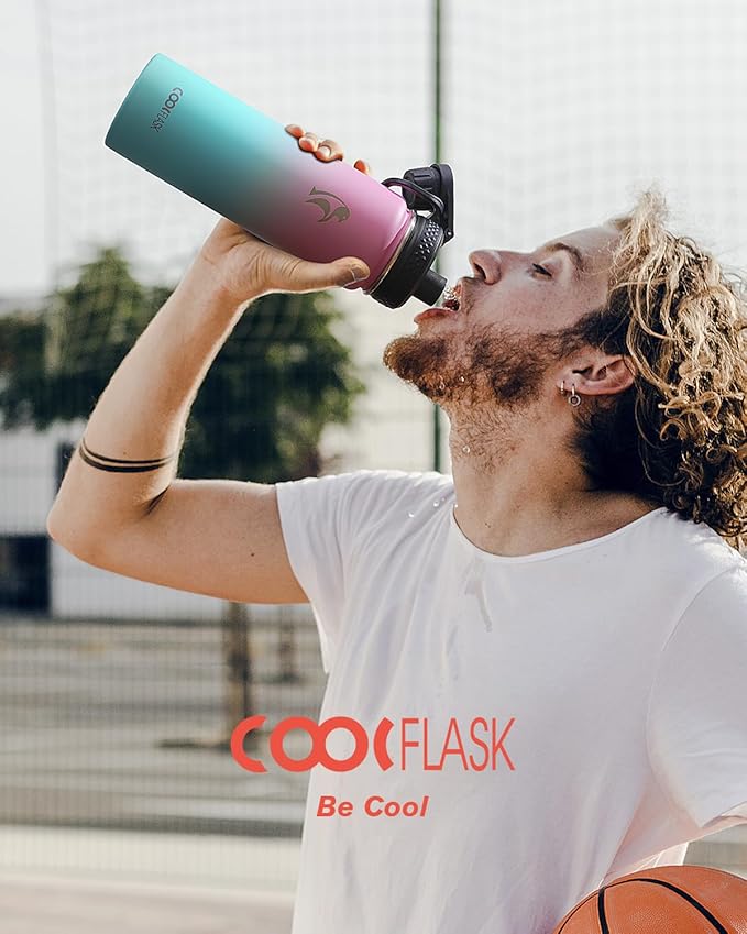 Coolflask Water Bottle 24 oz Insulated with Straw, Stainless Steel Metal 3 Lids Water Flask Wide Mouth for Sports or Office, Non-BPA Keep Cold Up to 48 Hrs or Hot Up to 24 Hrs, Bubblegum Princess