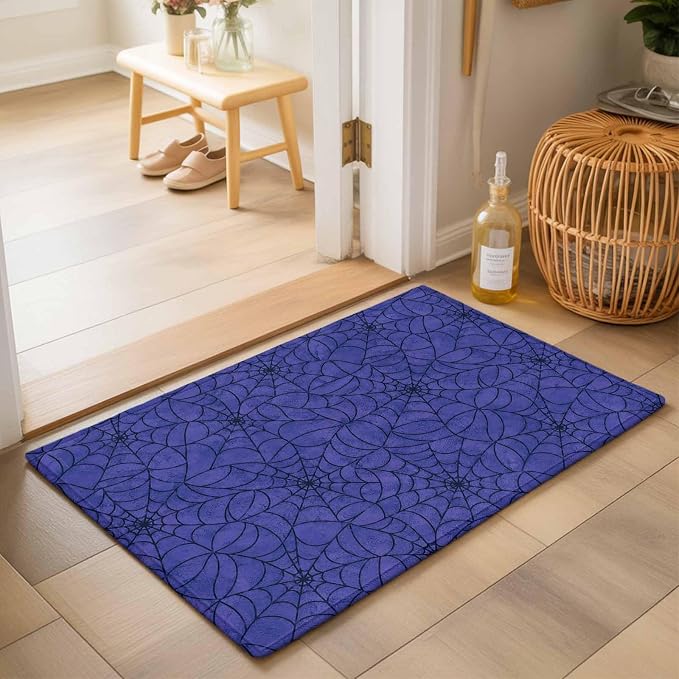 Entryway Area Rug 2'x3', Navy Blue Halloween Washable Small Area Rugs for Kitchen Bathroom Bedroom Office Laundry, Black Spiders Net Classic Gingham Door Mat Indoor Entrance Floor Throw Carpet