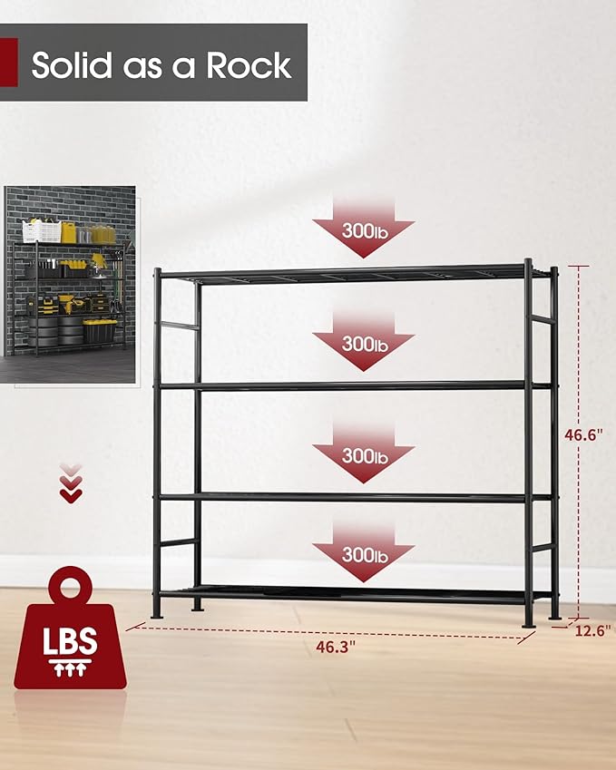 Sakugi Storage Shelves - 4 Tier Shelf Organizer, Heavy Duty Garage Shelving Unit with Leveling Feet, Stable Metal Shelves Organizer for Pantry, Kitchen and Closet, 46.3" W x 12.6" D x 46.6" H, Black
