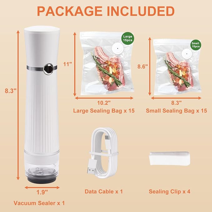 Handheld Vacuum Sealer, Detachable & Easy to Clean, Includes 5 Reusable Bags, Portable Food Saver, Extends Freshness 10x, Auto Power Off, for Kitchen, Travel & Outdoor