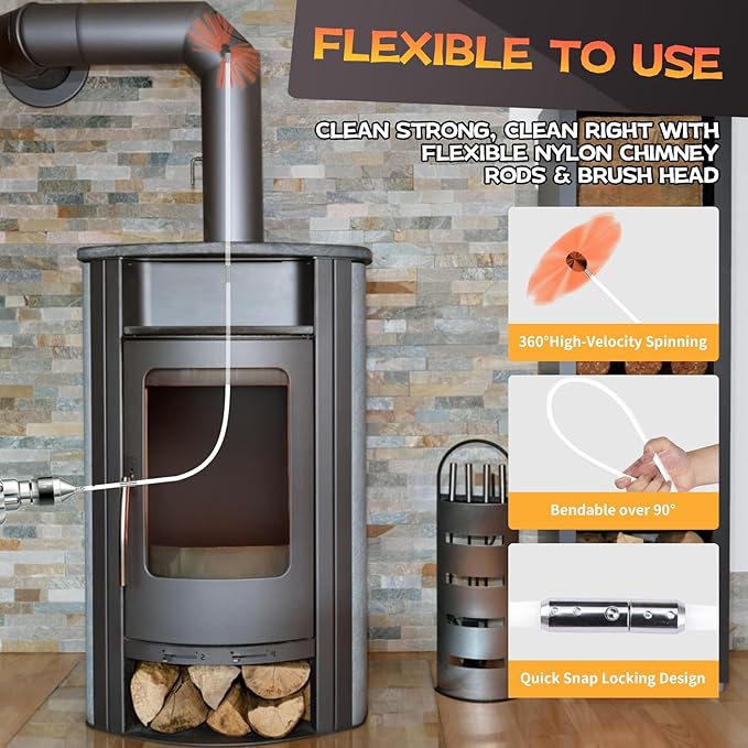 Chimney Sweep Kit - 33 Feet, Chimney Cleaning Tool with 10 Nylon Flexible Rods, Brush & Drill-Driven Rotary System