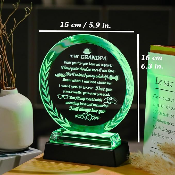 Arikyrist Fathers Day Birthday Gifts for Grandpa Glass Presents to My Grandpa with LED Light Base Best Grandpa Ever Gifts for Christmas