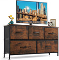 5-Drawer Dresser for Bedroom, Anti-Tip Wide Storage Organizer Fabric Chest of Drawers TV Stand for 45" TV with Wooden Top and Metal Frame for Closet, Living Room, Hallway, Entryway, Brown