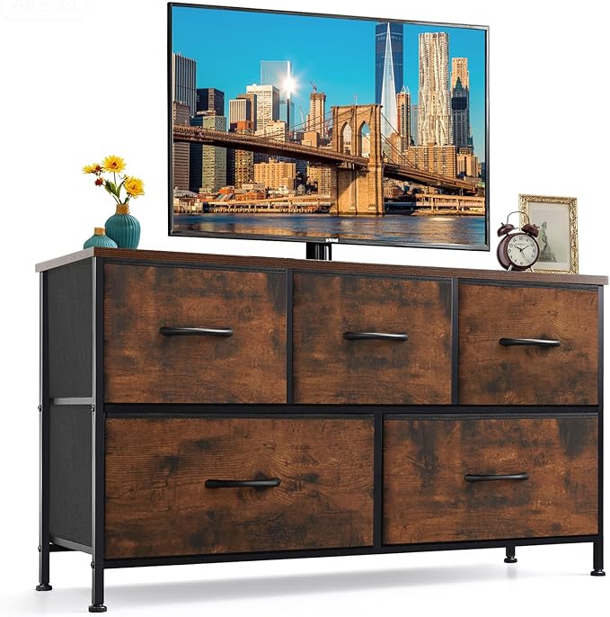 5-Drawer Dresser for Bedroom, Anti-Tip Wide Storage Organizer Fabric Chest of Drawers TV Stand for 45" TV with Wooden Top and Metal Frame for Closet, Living Room, Hallway, Entryway, Brown