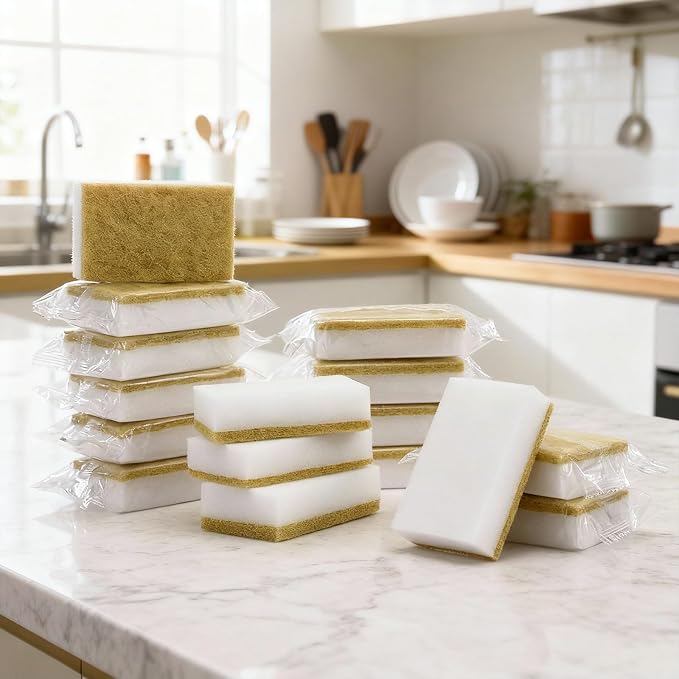 Tioncy 100 Pcs Individually Wrapped Sponges Kitchen Bulk Brown Dish Non Scratch Scrub Sponges Dual Sided Cleaning Dish Scrubber for Washing Dishes, Pots, Pans, Sinks, Stoves, Appliances, Car, Bike