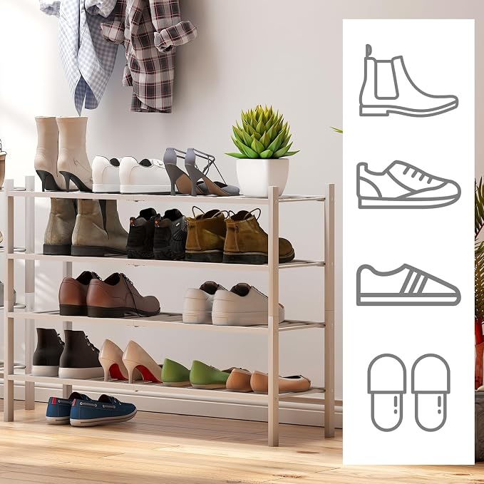 viewcare White 4-Tier Long Shoe Rack, Bamboo Wood, 33-Inch