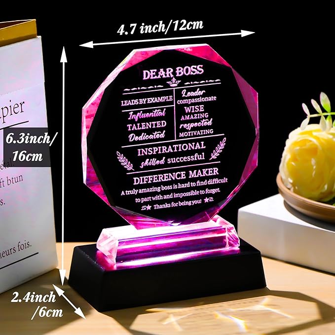 Movdyka Boss Gifts for Men Women Crystal Keepsakes with LED Base - Best Boss Day, Birthday, Christmas, Going Away, Thank You, Female Appreciation, Retirement, Office Decor