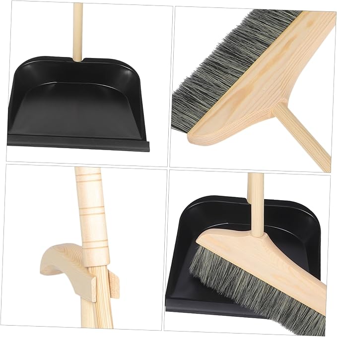 Mobestech 1 Set Solid Wood Bristle Broom and Dustpan Set Floor Broom Office Garbage Shovel Long Handle Dustpan Supple with Home Stainless Steel Toddler Soft Bucket