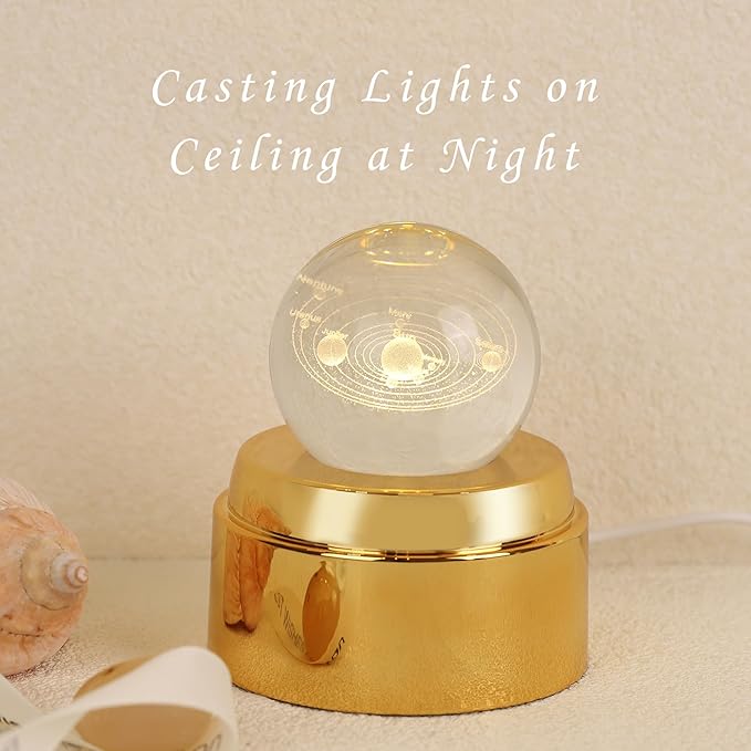 ZHSHWAT Solar System Crystal Ball Night Light with Rotating Glowing Base - 3D Laser Engraved Glass Ball, USB Powered Celestial Decor, Space Gifts & Science Gifts for Kids Adults Home Office Desk