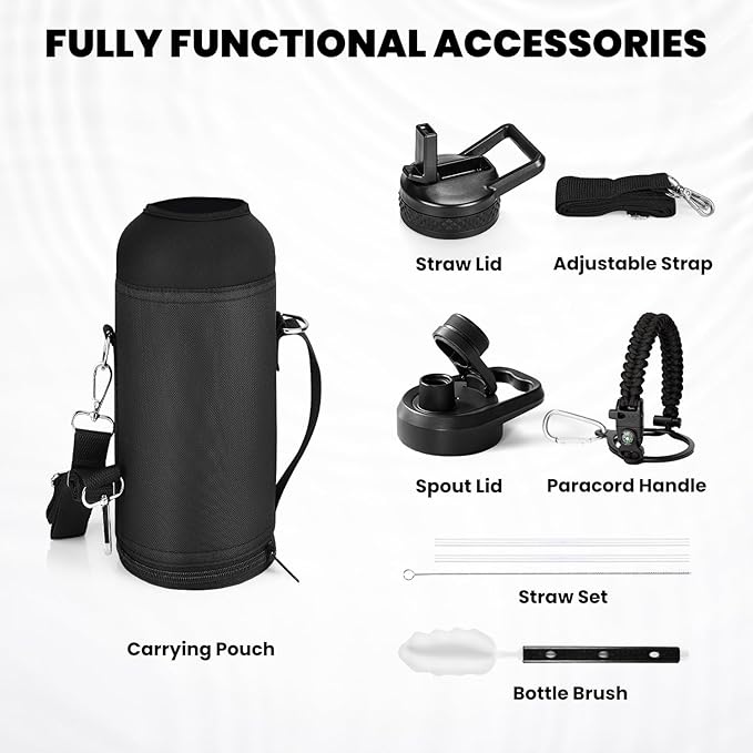 RAYMYLO Insulated Water Bottle 40 oz, Triple Wall Vacuum Stainless Steel (Cold for 36Hrs, Hot for 18Hrs), Leak Proof & Non-BPA, Modern Water Flask Jug with Paracord Handle & Straw Spout Lids
