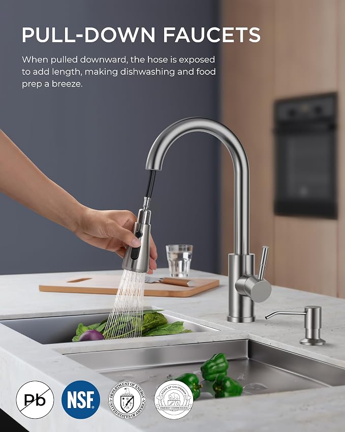 FORIOUS Kitchen Faucet with Soap Dispenser, Brushed Nickel, Single Handle Stainless Steel Transitional Sink Faucet with Pull Down Sprayer 1 or 3 Hole, Suitable for Farmhouse Laundry Camper RV Bar