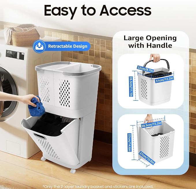 Laundry Hamper, Large Storage Basket Sorter 3 Tiers Organizer for Dirty Clothes Toys Towel,Heavy Duty Laundry Cart Baskets with Wheels in Laundry Room Organization