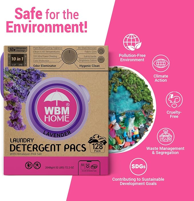 WBM 10-in-1 Laundry Detergent Pods, Fabric Softener with Lavender Extracts, High-Efficiency Laundry Pods with Powerful Stain Lifter Technology - 128 Count Bag