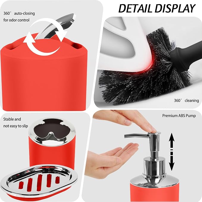 Lnond Red Bathroom Set, 23-Piece Red Black Geometric Bathroom Decor Set with with Shower Curtain and Rugs, Trash Can, Toilet Brush Holder Set & Soap Dispenser