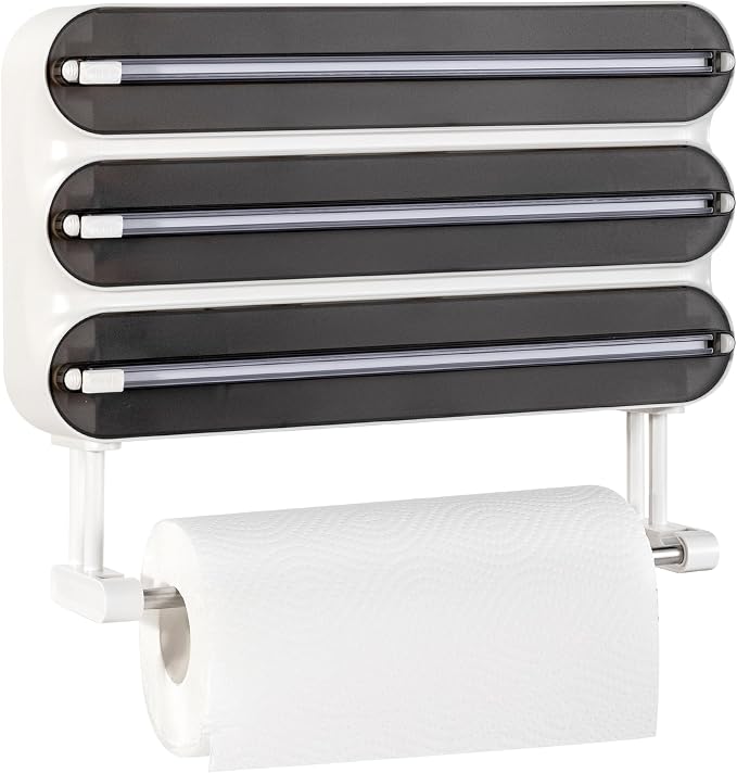 Aluminum Foil & Plastic Wrap Dispenser with Cutter - Magnetic & No-Drill Wall Mount, Cling Film Dispenser with Paper Towel Holder, Space-Saving 4-in-1 Kitchen Organizer - Fits 12" Roll, Black