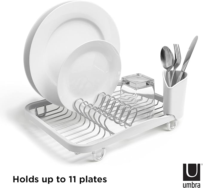 Umbra Sinkin Dish Drying Rack, in Sink or Countertop Drainer, White/Nickel | Removable utensil holder, non slip rubber feet, fits standard sizes, coated wire and plastic