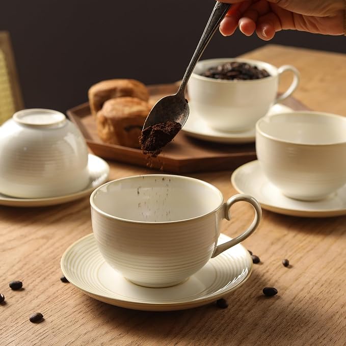 12Oz Coffee Cups with Saucers, Ceramic Espresso Cup Set of 4, Cappuccino Cups Set, Tea Mugs and Saucer, Microwave Dishwasher Safe Drinkware for Home, Cafe, Housewarming Gifts