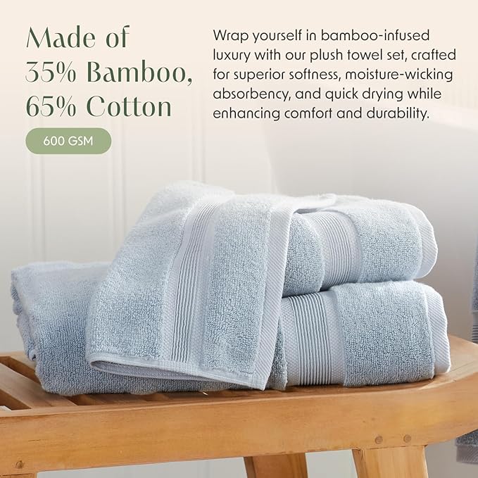 Springtree Home Luxury Bamboo Rayon Bath Towel Set | 6-Piece Set | Blue Fog | 35% Bamboo Rayon - 65% Zero Twist Cotton | Absorbent Quick-Dry Towels for Bathroom | Ultra Soft | OEKO-TEX Standard 100
