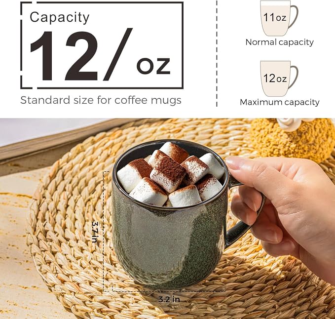 LERATIO Ceramic Coffee Mugs Set of 6,12oz Handmade Coffee Mugs Set | Large Handle for Cappuccino/Latte/Tea/Hot Cocoa,Oven &Dishwasher & Microwave Safe-Green
