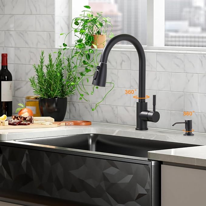 WOWOW Black Kitchen Faucet with Soap Dispenser, Stainless Steel Kitchen Sink Faucet, Matte Black Kitchen Faucet Single Handle High Arc Utility Sink Faucet for Sink, RV, Laundry, Bar