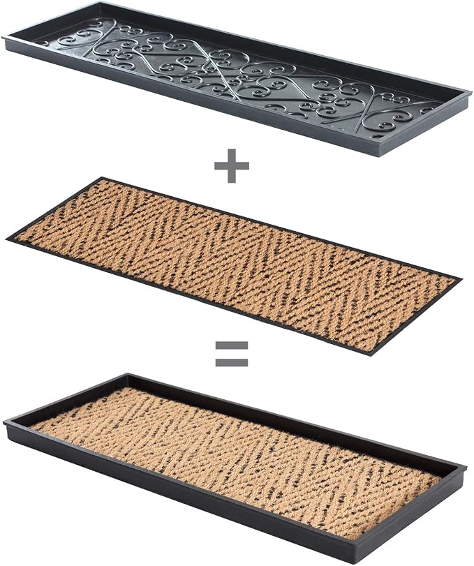 Anji Mountain Heavy Duty Waterproof Rubber Shoe Storage Mat Organizer/Boot Storage Tray Multi Use For Entryway with Coir, Tan and Black Insert , Fits 3 Pair (34.5" Wide)