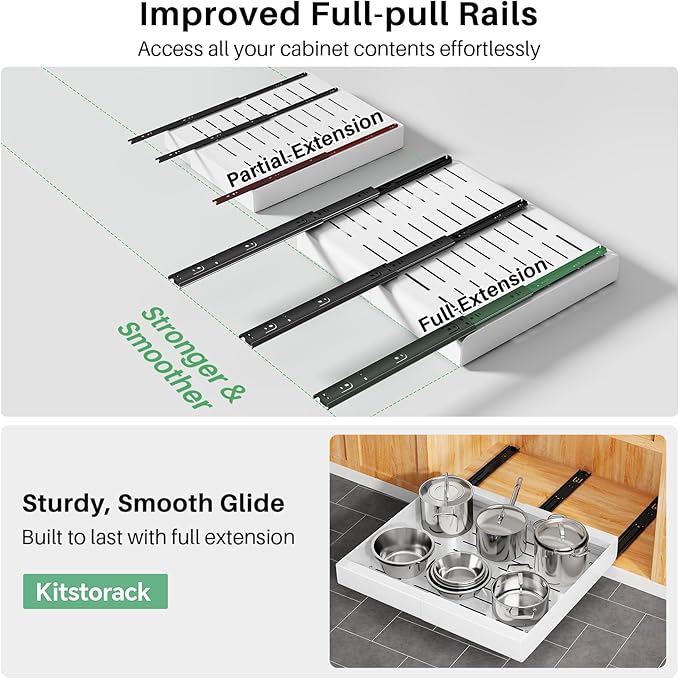 Pull out Cabinet Organizer, Expandable(12"-20") Heavy Duty Slide out Drawers Fixed with Adhesive Nano Film for Pots, Roll out Shelf Storage for Kitchen Base Cabinet, Pantry, Bathroom Cupboard