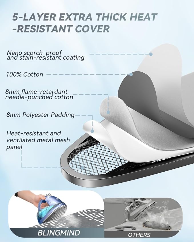 Full Size Ironing Board 54 x 13 in, Foldable with Iron Rest & Thick Pad | 7 height settings, safety lock, triple-layer heat protection, non-slip silicone feet, reinforced frame, built-in hanging hook