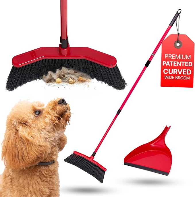 Da Vinci Angle Broom with Dustpan Combo Set – 16" Curved Head, 52" Adjustable Telescopic Handle, Soft PVC Bristles, Indoor Outdoor Broom and Dustpan Set for Kitchen, Pet Hair, Dust & Debris