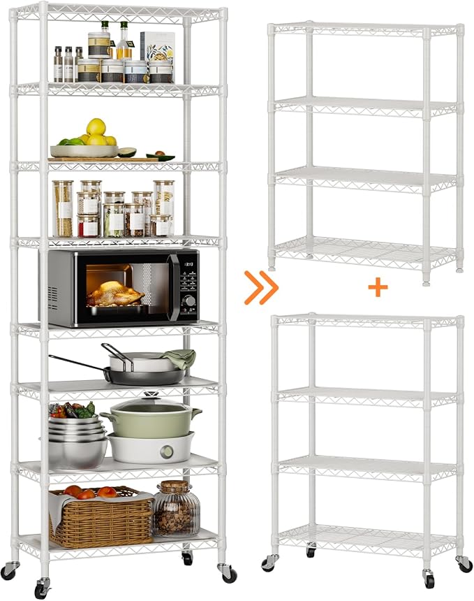 Golpart 8 Tier Shelves Storage Shelf Wire Closet Bathroom Organizers Metal Pantry Kitchen Garage Shelving Unit Laundry Room Organization Home Rack Net Basket Black with Wheels 12”D X 22”W X 74.2”H