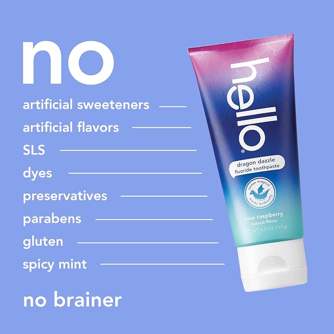Hello Dragon Dazzle Blue Raspberry Kids Toothpaste, Fluoride Toothpaste, Ages 2+, No Artificial Sweeteners, No SLS, Gluten Free, Vegan, Pack of 12, 4.2 OZ Tubes
