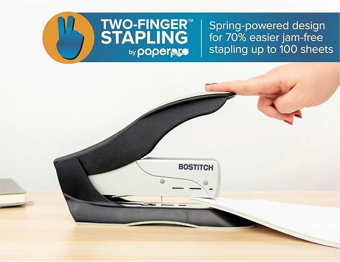 Bostitch Office inHANCE+100 Heavy Duty Stapler - Two Fingers, No Effort, Spring Powered Stapler - 100 Sheets, Gray (1300)