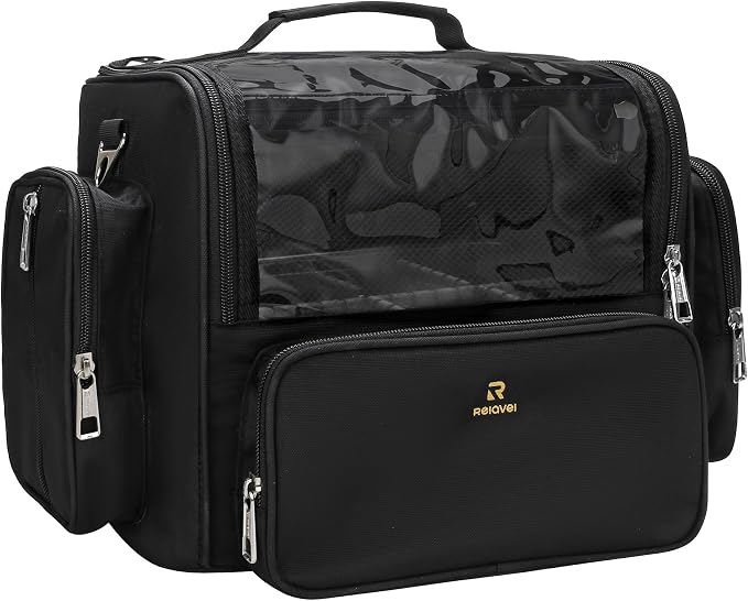 Makeup Brush Bag, Clear Makeup Brush Holder with Lid, Extra Large Capacity Travel Cosmetic Bag Makeup Artist Must Haves, Black Makeup Case, Make Up Organizers and Storage, with Adjustable Dividers