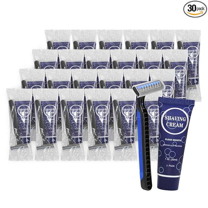 Shaving Razor Set, Disposable Individually Wrapped Manual Twin Blade Razors in Bulk Smooth Shaving Razors with Mini Shaving Cream Toiletries for Hotel Charity Camping Travel Homeless 1oz (Pack of 30)