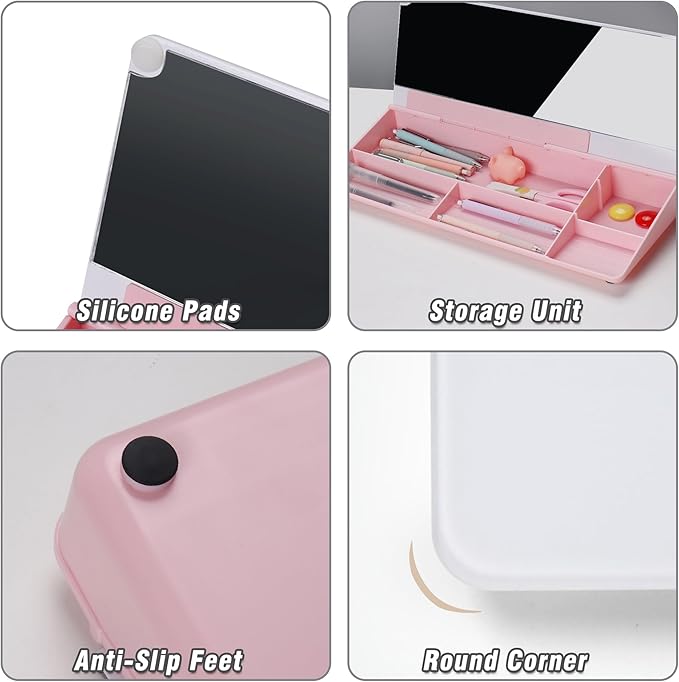 SELEAD Desktop Glass Whiteboard with Organizer & Built-in Mirror - Small Dry Erase White Board Computer Pad Keyboard Stand with Markers, Eraser, Holder for Women - Pink