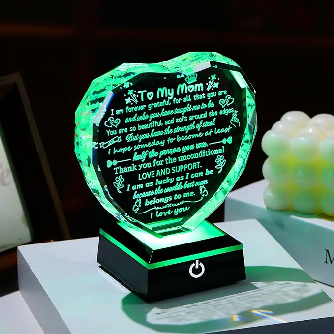 Arikyrist Mothers Day Mom Gifts from Daughter Heart Crystal Keepsake to My Mom with Colorful LED Light Base Best Mom Ever Gifts on Birthday Rrtirement Anniversary