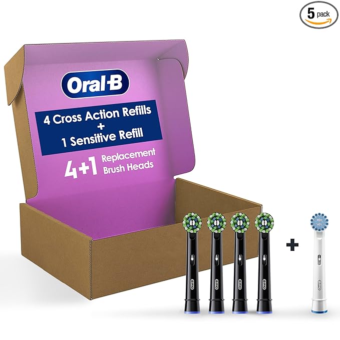 Oral-B CrossAction Electric Toothbrush Replacement Brush Heads, Black, 4 Count + 1 Sensitive White