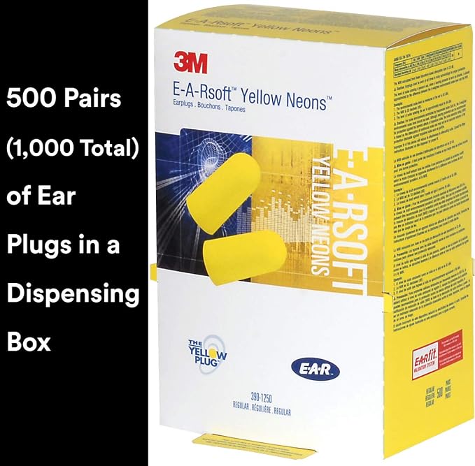 3M Ear Plugs, E-A-Rsoft Yellow Neons 390-1250, 500 Pair of Disposable Earplugs, Dispensing Box, Regular Size, Uncorded, 33 NRR, Tapered Cylinder Shape, Slow Recovery Foam