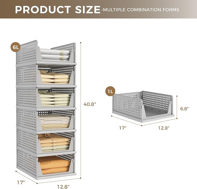 Pinkpum Grey 6 Pack Closet Organizers Storage Bins, Stackable Plastic Drawer Basket for Clothing, Stackable Storage Bins Shelf Storage Container for Closet Wardrobe Bedroom Bathroom Office