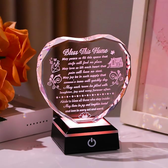Crystal House Warming Gifts Bless This Home Heart-shaped Plaque with LED Light Base for Women Men Meaningful New Home Gifts Ideas for Family