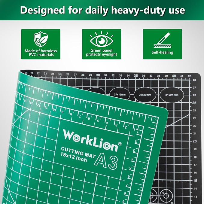 Worklion Self Healing Craft Mat: 18"x12" Rotary Cutting Mat for Sewing,Quilting,Leather,Craft,Fabric,Model,Art,Clay,5-layer 2-sided Cutting Mat, green and black